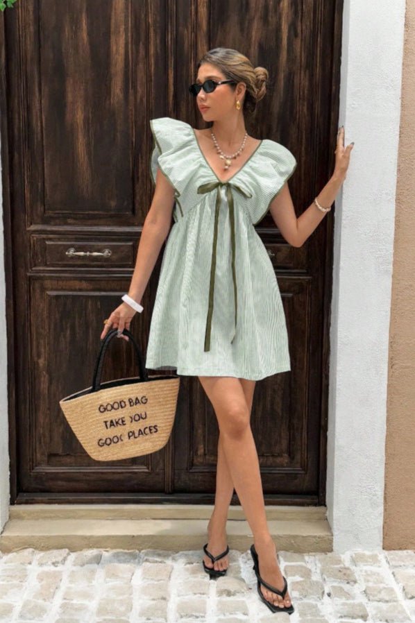SOERA Beatrice Striped V - Neck Ruffle Mini Dress - Dress - Green S