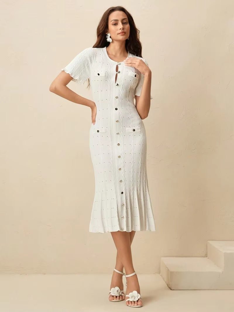 SOERA Erlinda Button - Front Knit Midi Dress - Dress - White S