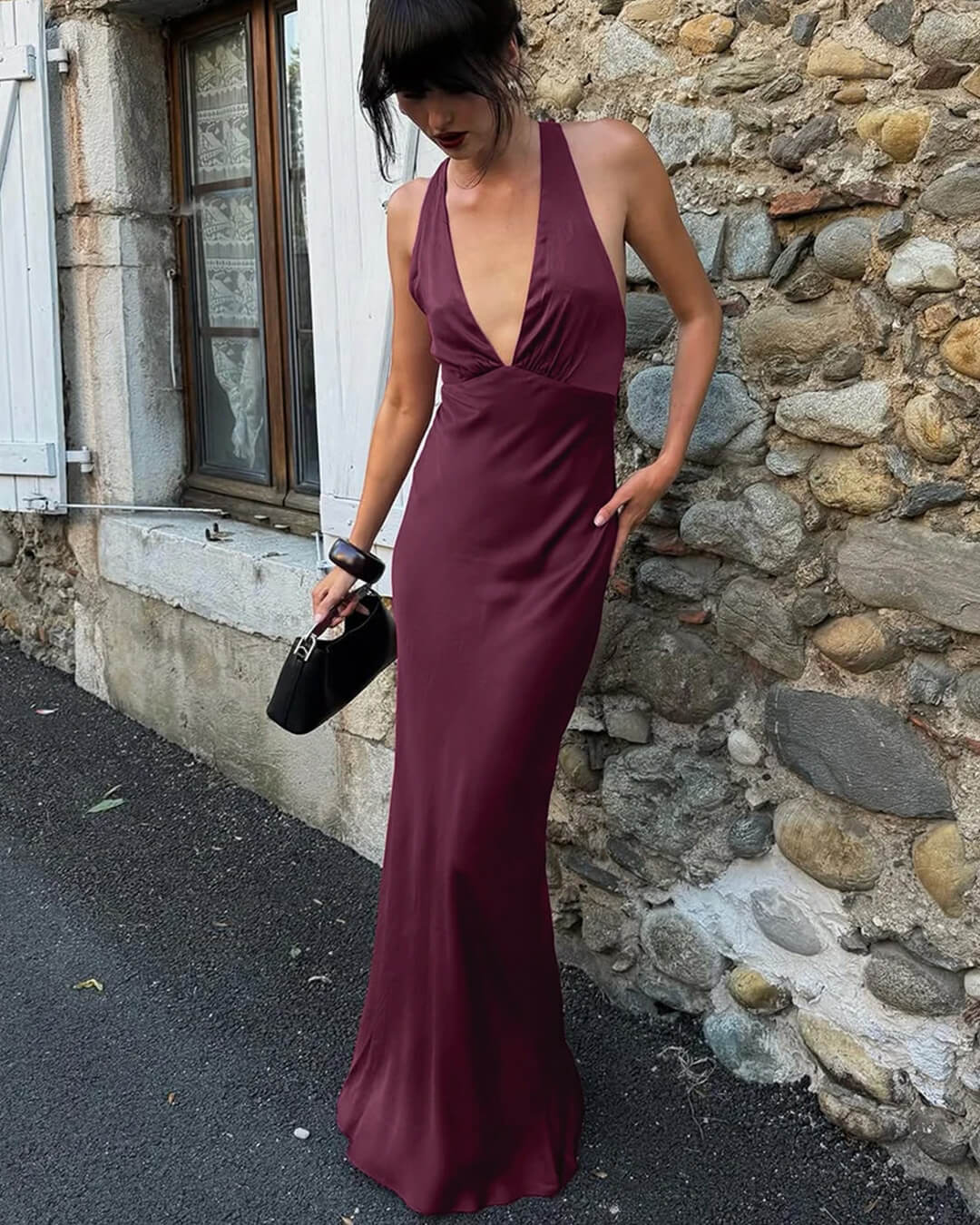 SOERA Joyce Wine Red Satin Halter Maxi Dress - Dress - L