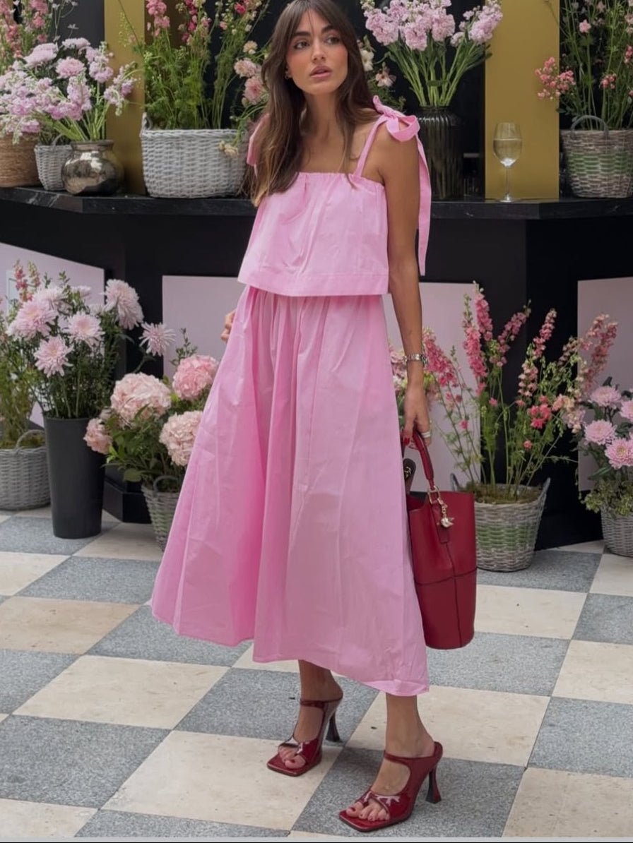 SOERA Sophia Pink Bow Tiered Midi Dress - Dress - M