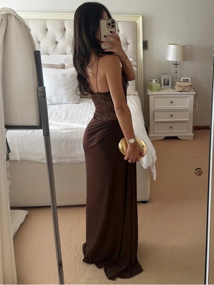 SOERA Olga One Shoulder Lace Maxi Dress - Dresses - 1005009420029371-;fh1764062903247764507 Brown S