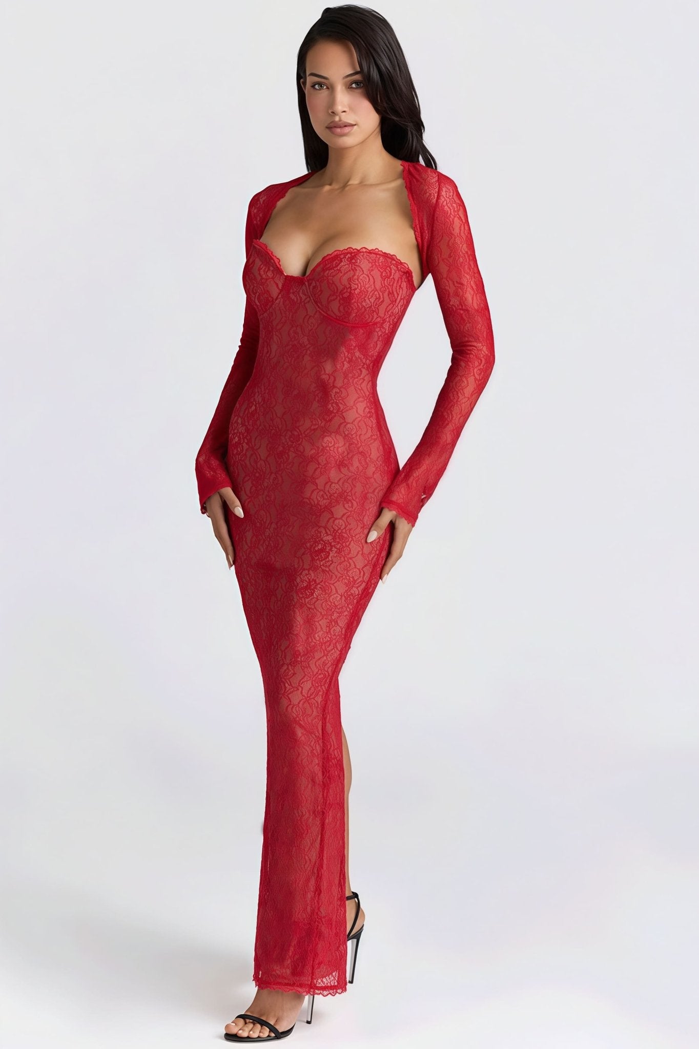 SOERA Senna Lace Sheer Bandeau Maxi Dress - Dresses - SOERA-761475-RED-M-72355 Red M