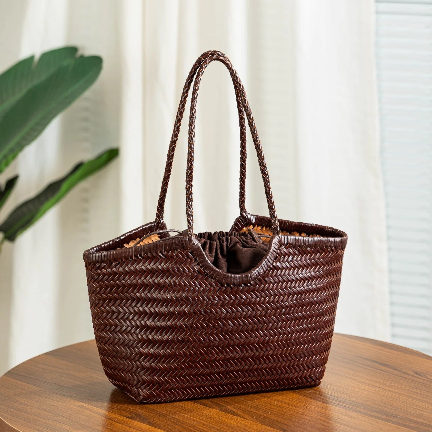 SOERA Bianca Handwoven Leather Tote Bag - Handbags - Coffee Large