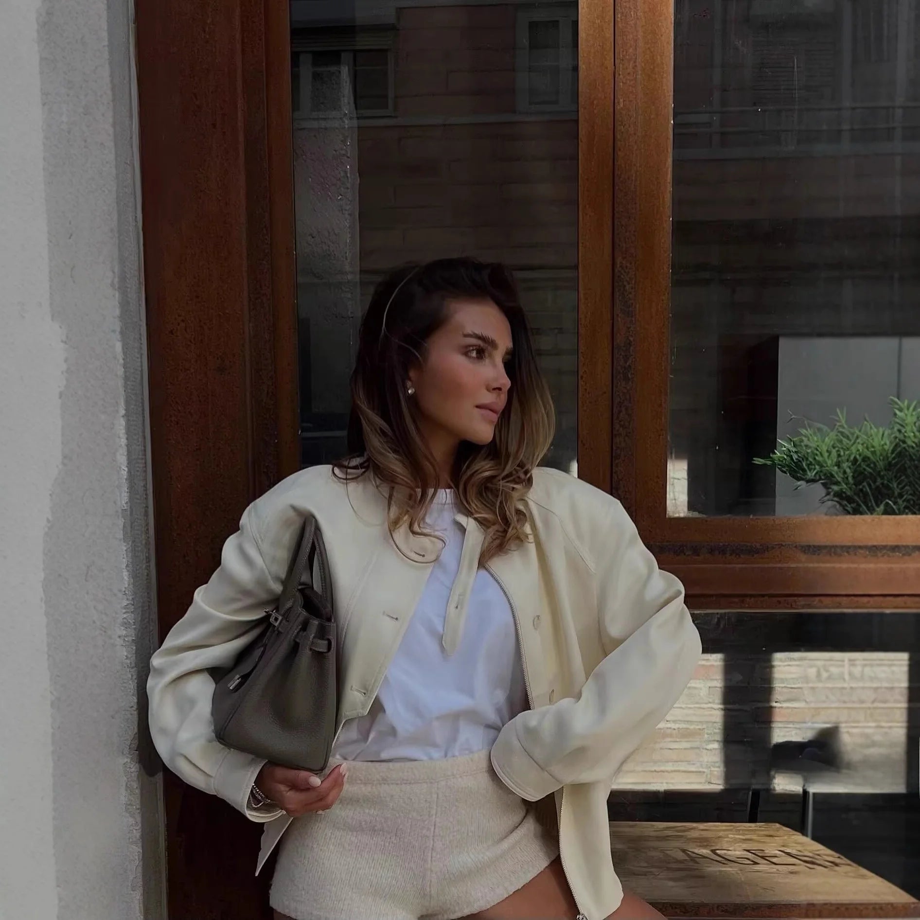 SOERA Beatrice Stand Collar Jacket with Button Details - Jackets - Beige M