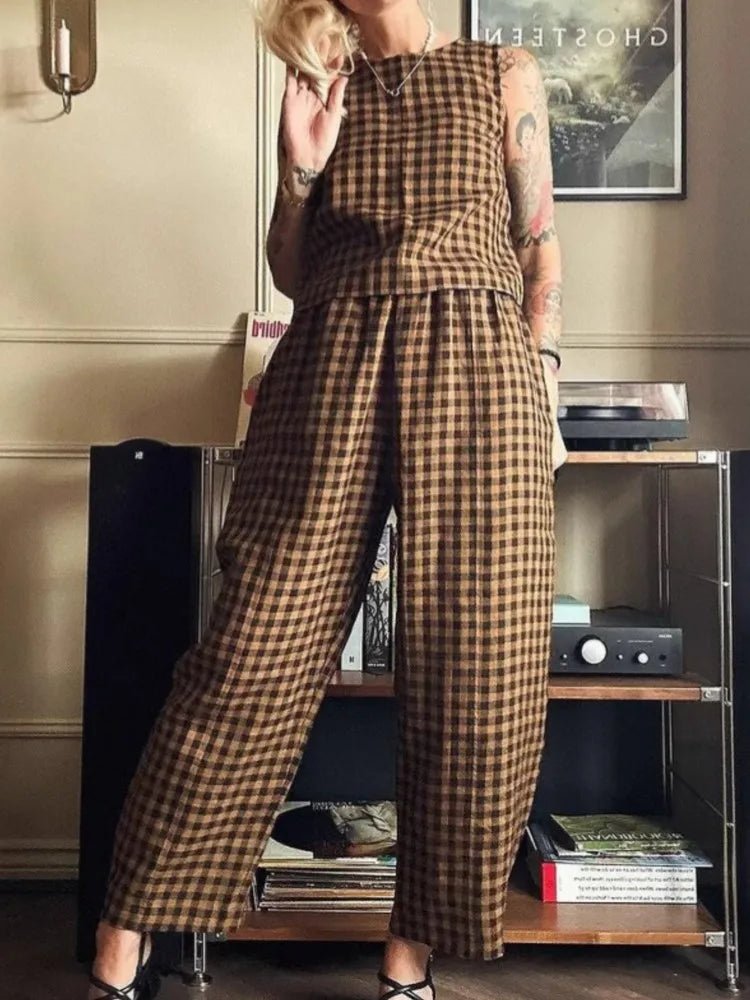 SOERA Zara Plaid Sleeveless Vest Nine Point Pants Set - Jumpsuit - Brown S