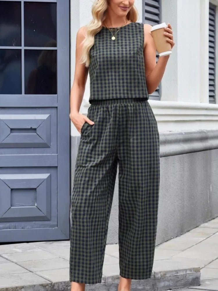 SOERA Zara Plaid Sleeveless Vest Nine Point Pants Set - Jumpsuit - Olive L