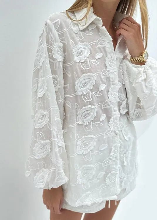 SOERA Beatrice Sheer Embroidered Shirt & High-Waist Shorts Set - Matching Sets - M