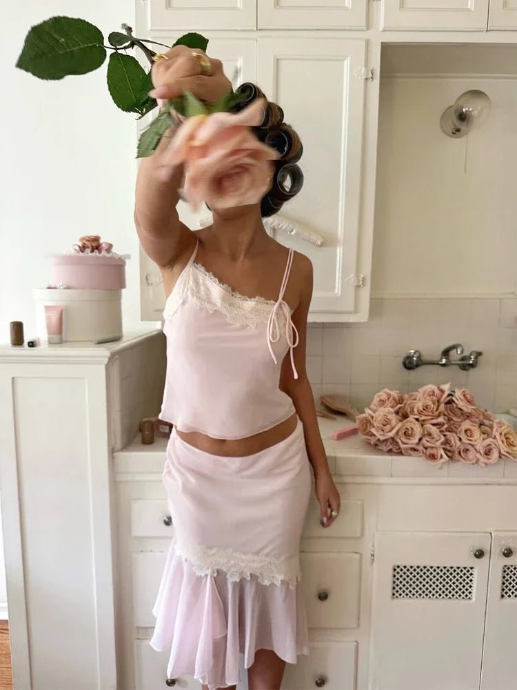 SOERA Celeste Lace - Paneled Camisole and Skirt Set - Matching Sets - Pink L