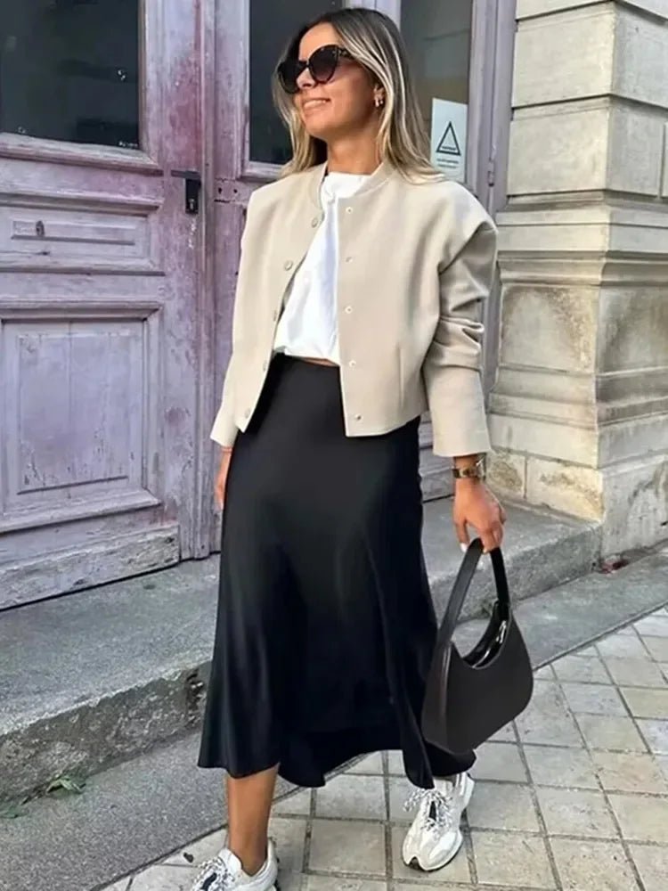 SOERA Anais High Waist Black Satin Midi Skirt - Skirts - Light Blue XS