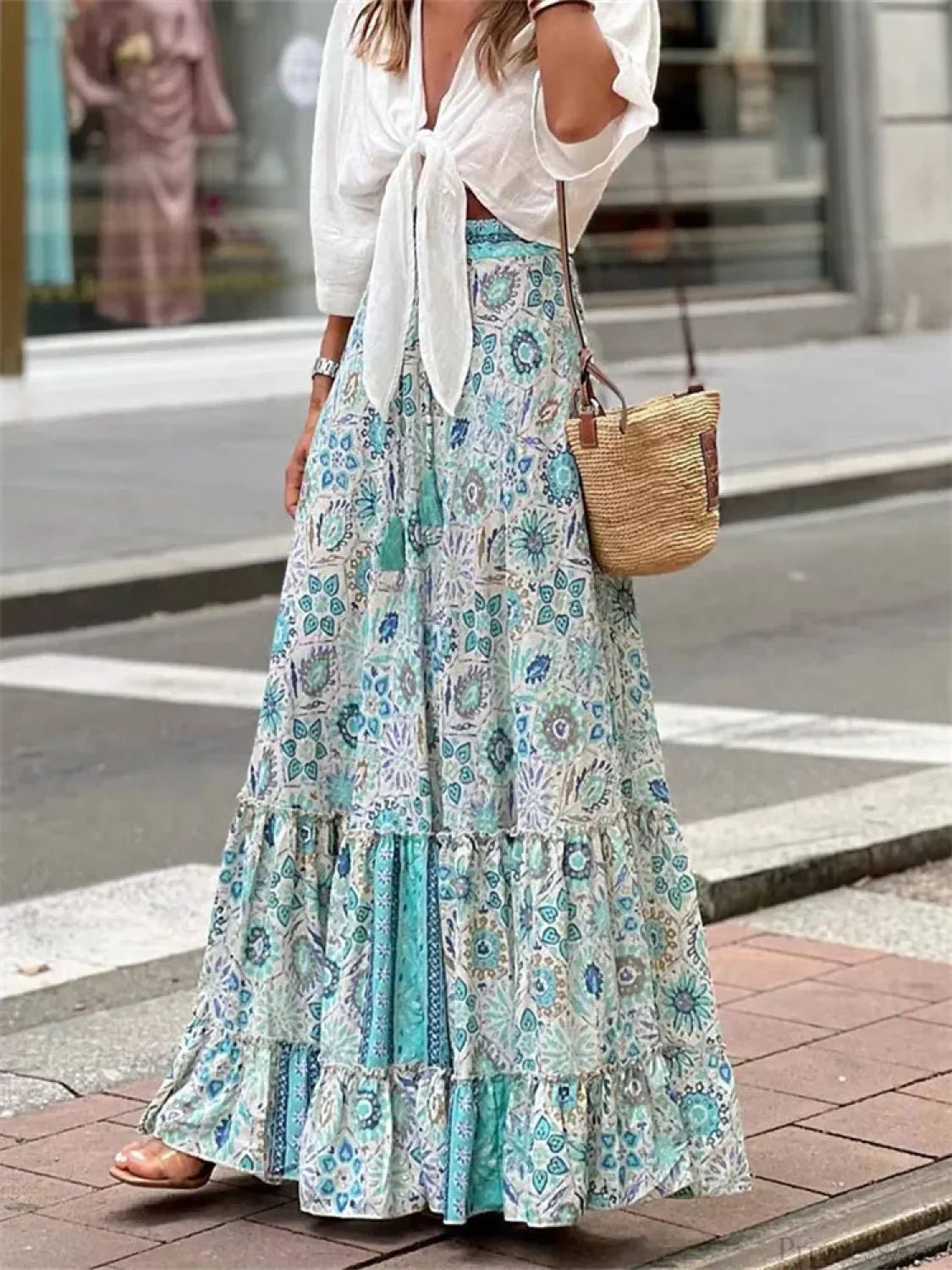 SOERA Celeste Flowy Boho Print Ruffled Hem Skirt - Skirts - Sky Blue S