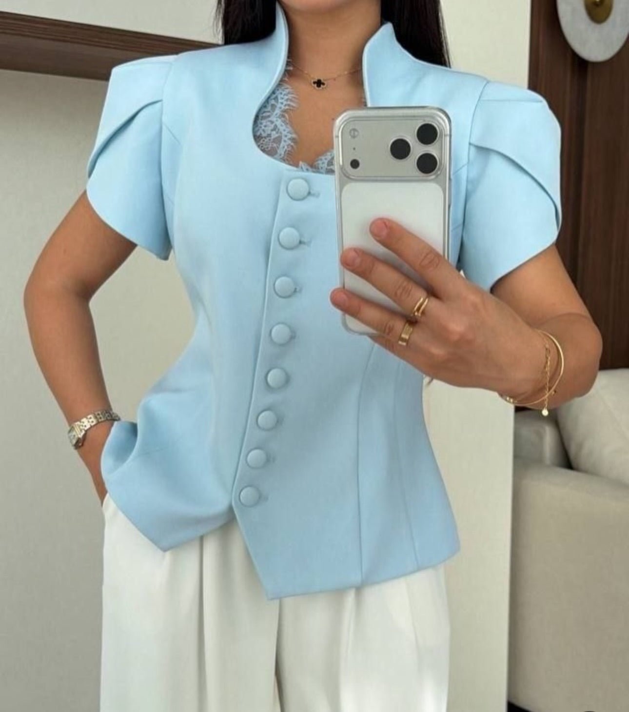 SOERA Bianca Button Front Stand Collar Top - Tops - Blue M