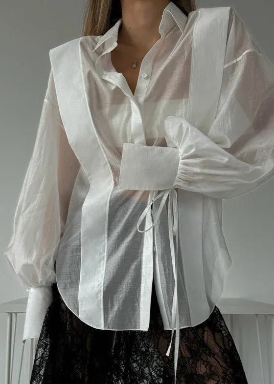 SOERA Isabella Oversized Ribbon-Tie Puff Sleeve Shirt - Tops - Pink S