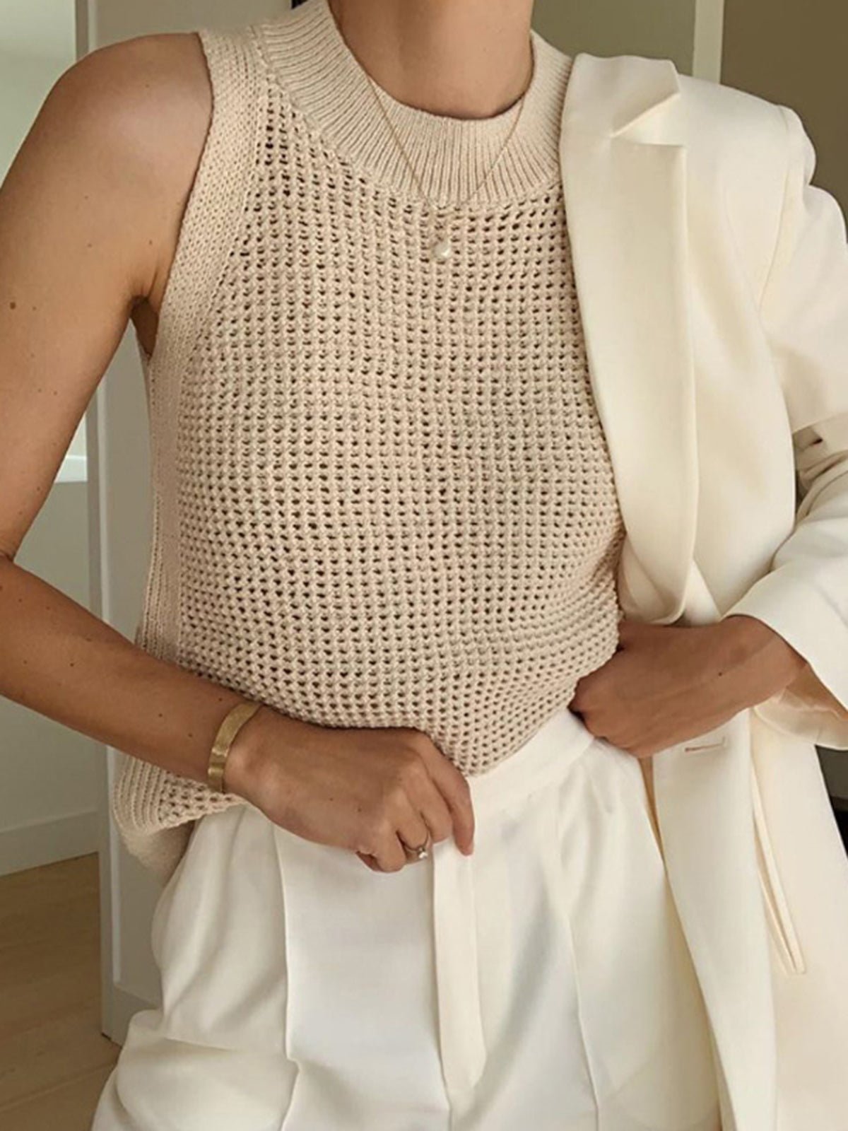 SOERA Jamilla Hollow Knit Tank Top - Tops - Beige XS
