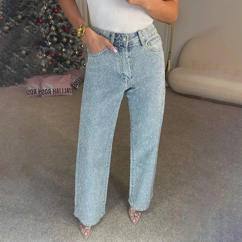 SOERA Eliana Wide Leg Denim Pants with Rhinestones - Bottoms - 1005009658512607-;wA1768904312487969463 Denim Blue S