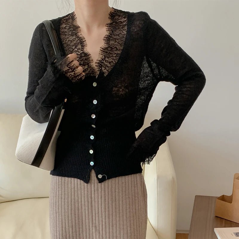 SOERA Denise V-Neck Lace Trim Cardigan - Cardigan - SOERA-517123-BLA-O-94787 Black