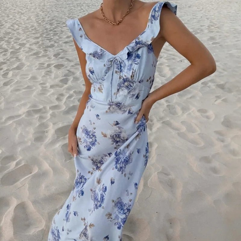 SOERA Ava Floral Plunge Maxi Dress - Dress -  Blue S