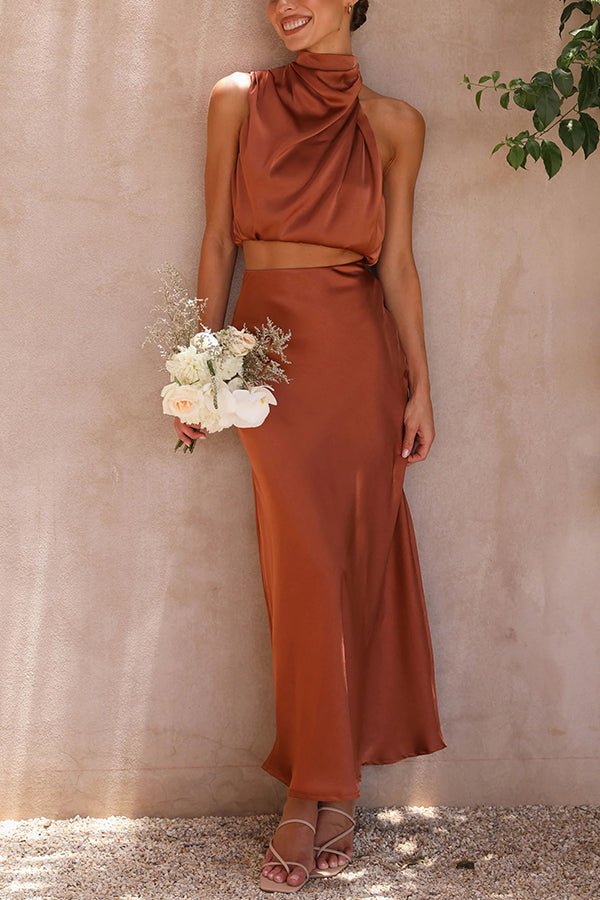SOERA Beatrice Two - Piece Satin Wedding Guest Set - Dress -  Brown S
