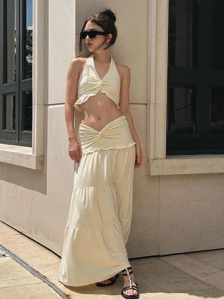 SOERA Jane Halter Crop Top & Pleated Skirt Set - Dress - SOERA-890627-CRE-L-09315 L