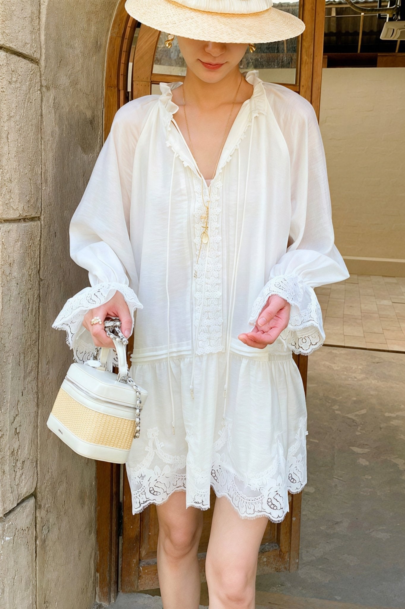 SOERA Imara Linen Lace Patchwork Midi Dress - Dress -  Offwhite S