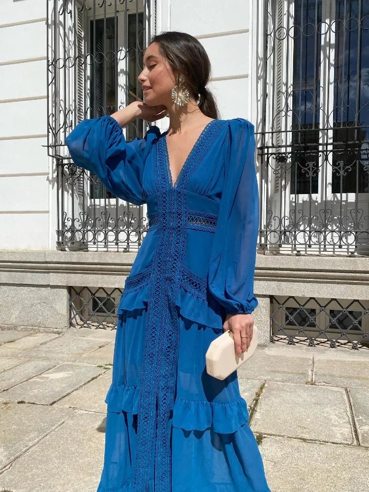 SOERA Molly Deep V - Neck Ruffle Maxi Dress - Dress -  Navy Blue S