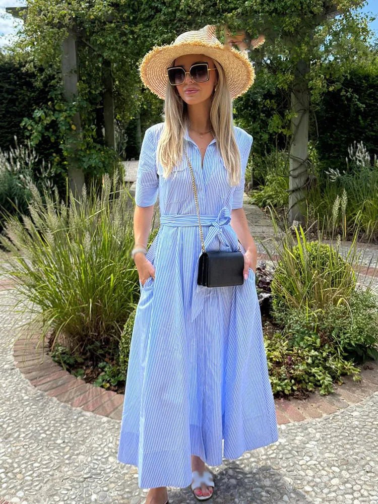 SOERA Stacie Bow Tie - Waist Shirt Dress - Dress -  Blue Stripes XS