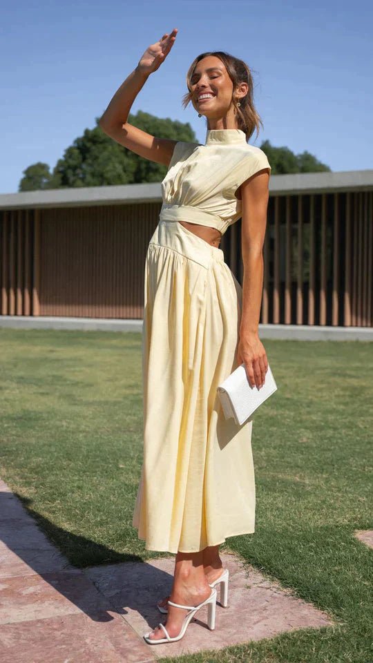 SOERA Valentina High - Neck Midi Dress with Waist Cutouts - Dress -  Yellow XS
