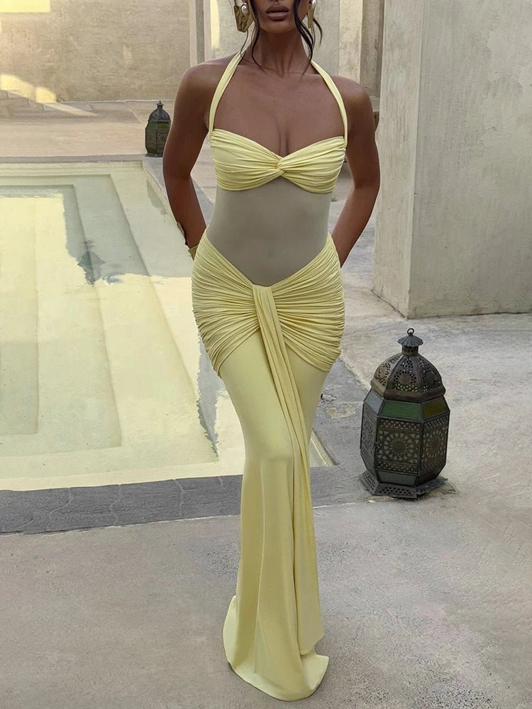 SOERA Veracity Halter Backless Ruched Maxi Dress - Dress -  Yellow XS