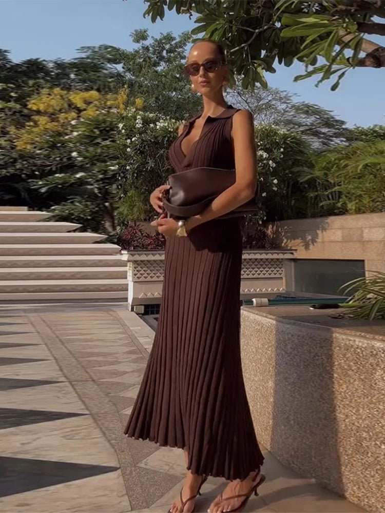 SOERA Lise Sleeveless Knitted Pleated Maxi Dress - Dresses -  Brown XS