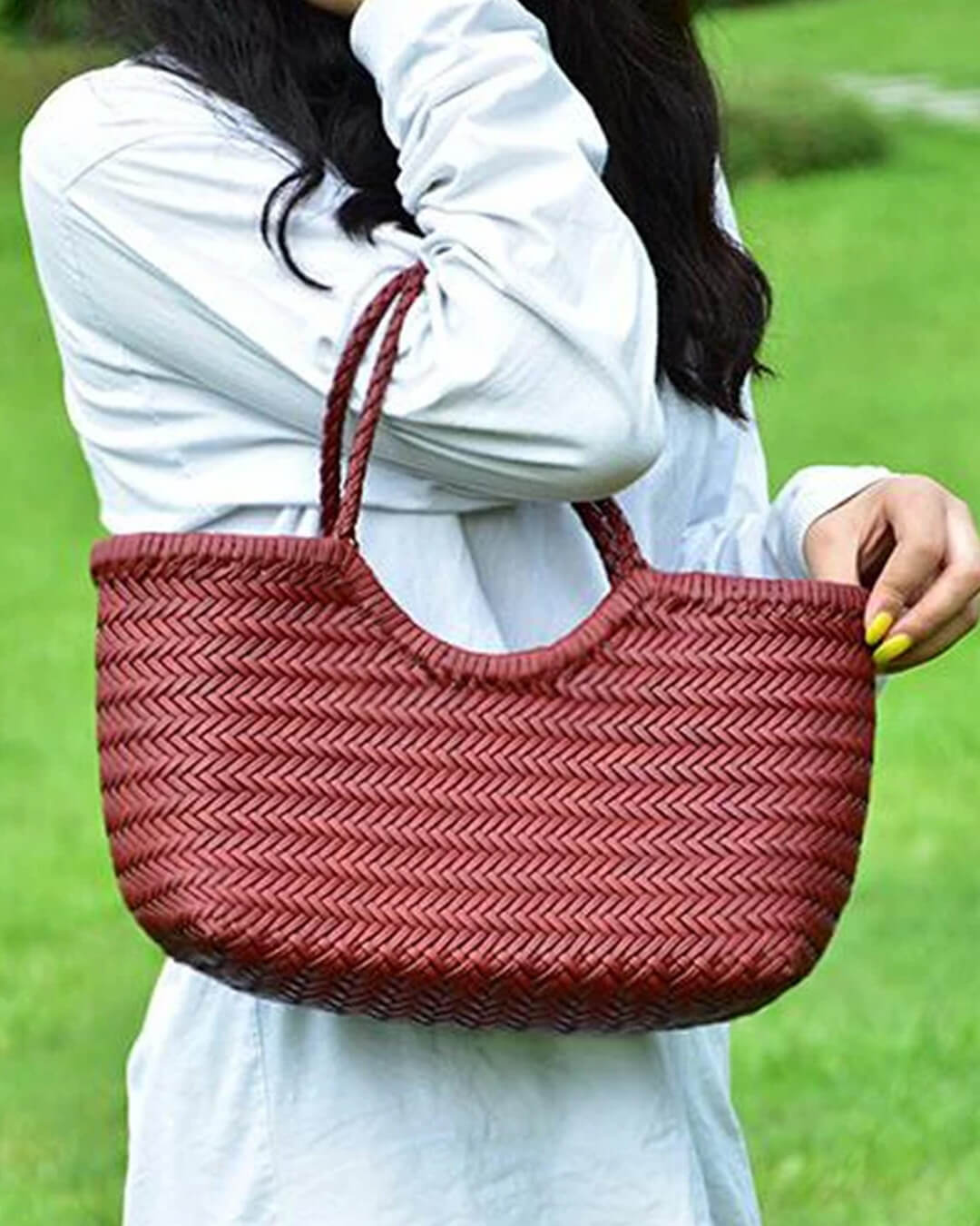 SOERA Beatrice Woven Leather Tote Bag - Handbags -  Burgundy Small