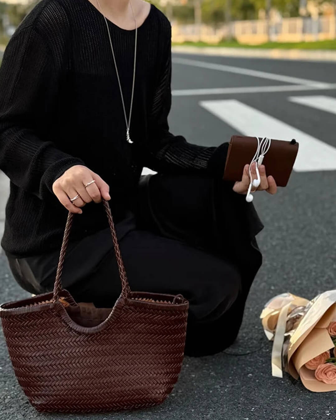 SOERA Bianca Handwoven Leather Tote Bag - Handbags -  Coffee Large