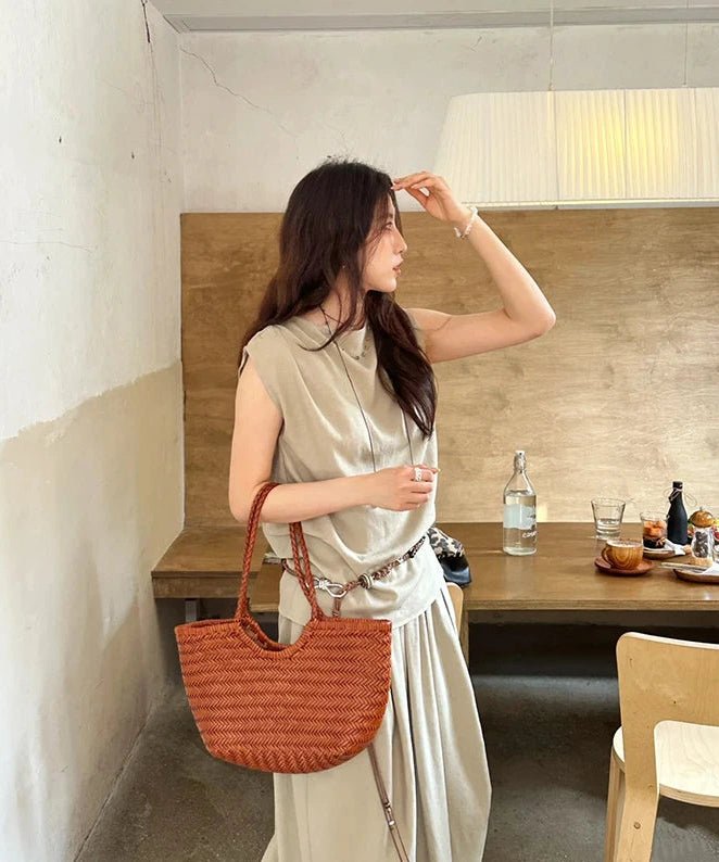 SOERA Bianca Handwoven Leather Tote Bag - Handbags -  Coffee Large
