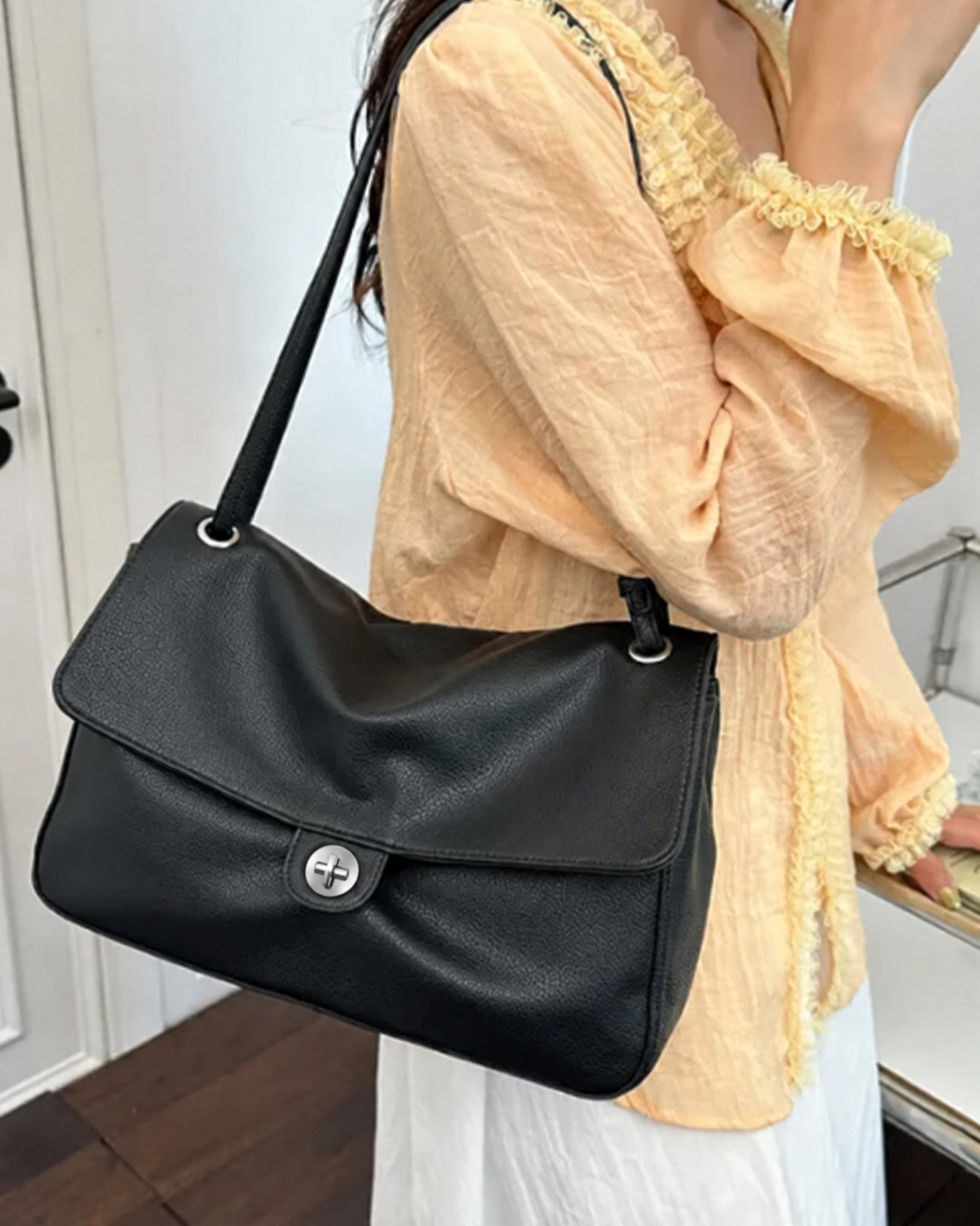 SOERA Josie Buckle Flap Shoulder Bag - Handbags -  Black 36×24×11 cm
