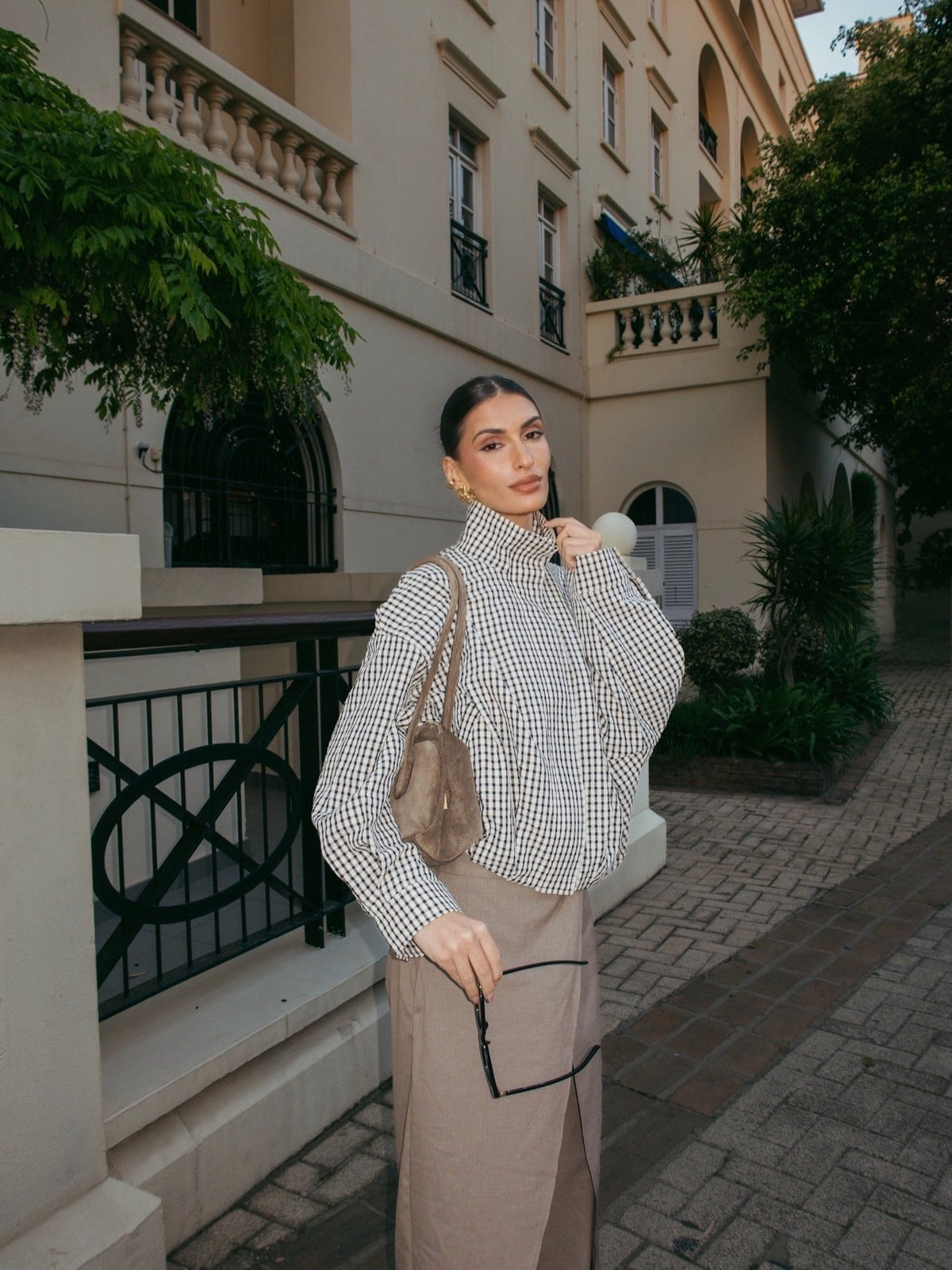 Margot rutig funnel-neck jacka