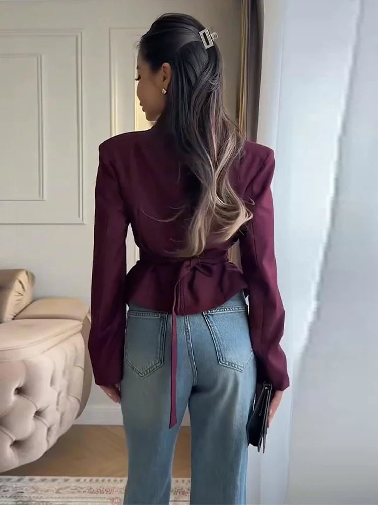 SOERA Tricia Structured Shoulder Cinched Blazer - Jackets - 1005011660132024-;lF1772045930021932226 Burgundy S