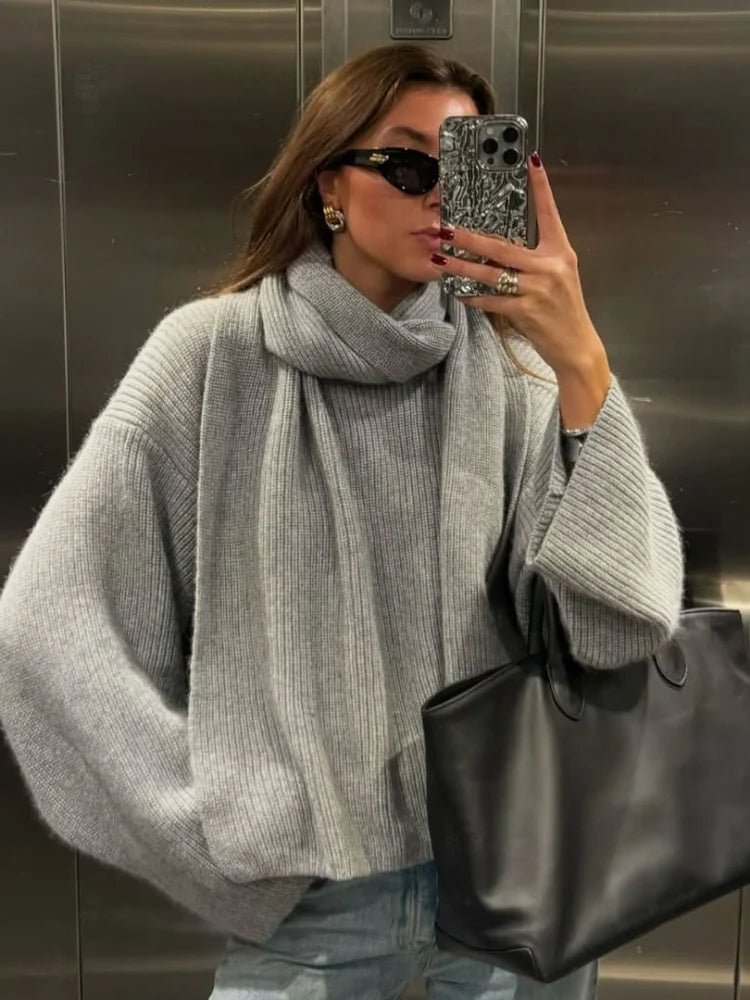 SOERA Xia Loose Knit Pullover with Scarf - Jackets - 3256809735915458-;ew1761548494741066192 Gray S
