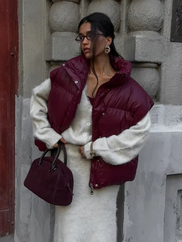 SOERA Zarina Stand Collar Puffer Vest Coat - Jackets - wd1765494947089394799 Burgundy M