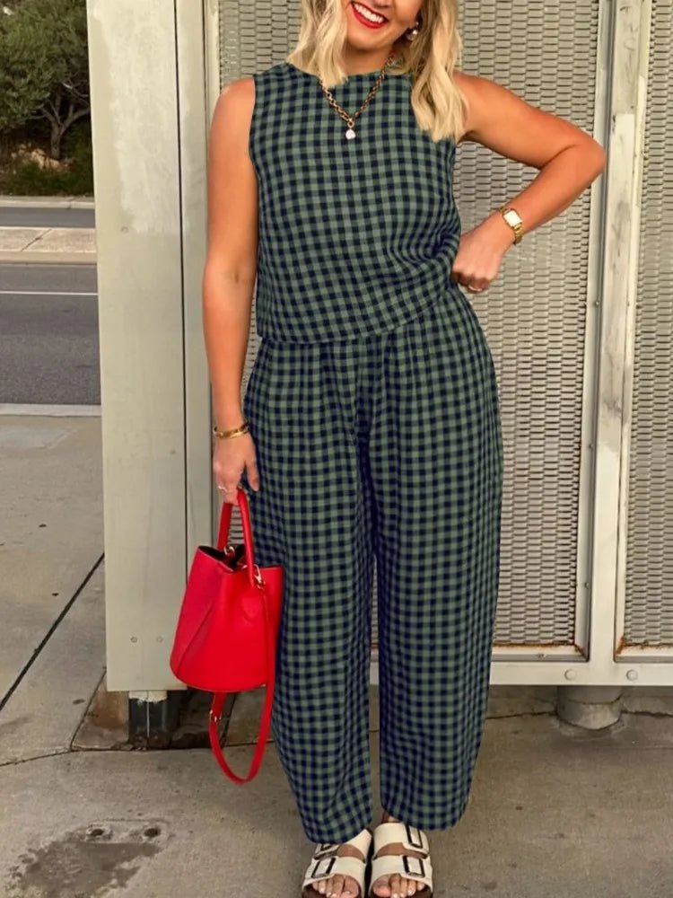 SOERA Zara Plaid Sleeveless Vest Nine Point Pants Set - Jumpsuit -  Olive M