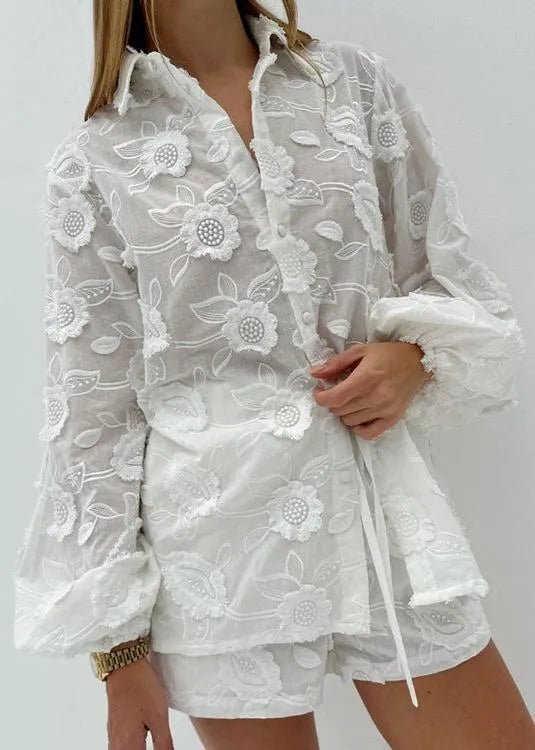 SOERA Beatrice Sheer Embroidered Shirt & High-Waist Shorts Set - Matching Sets -  M