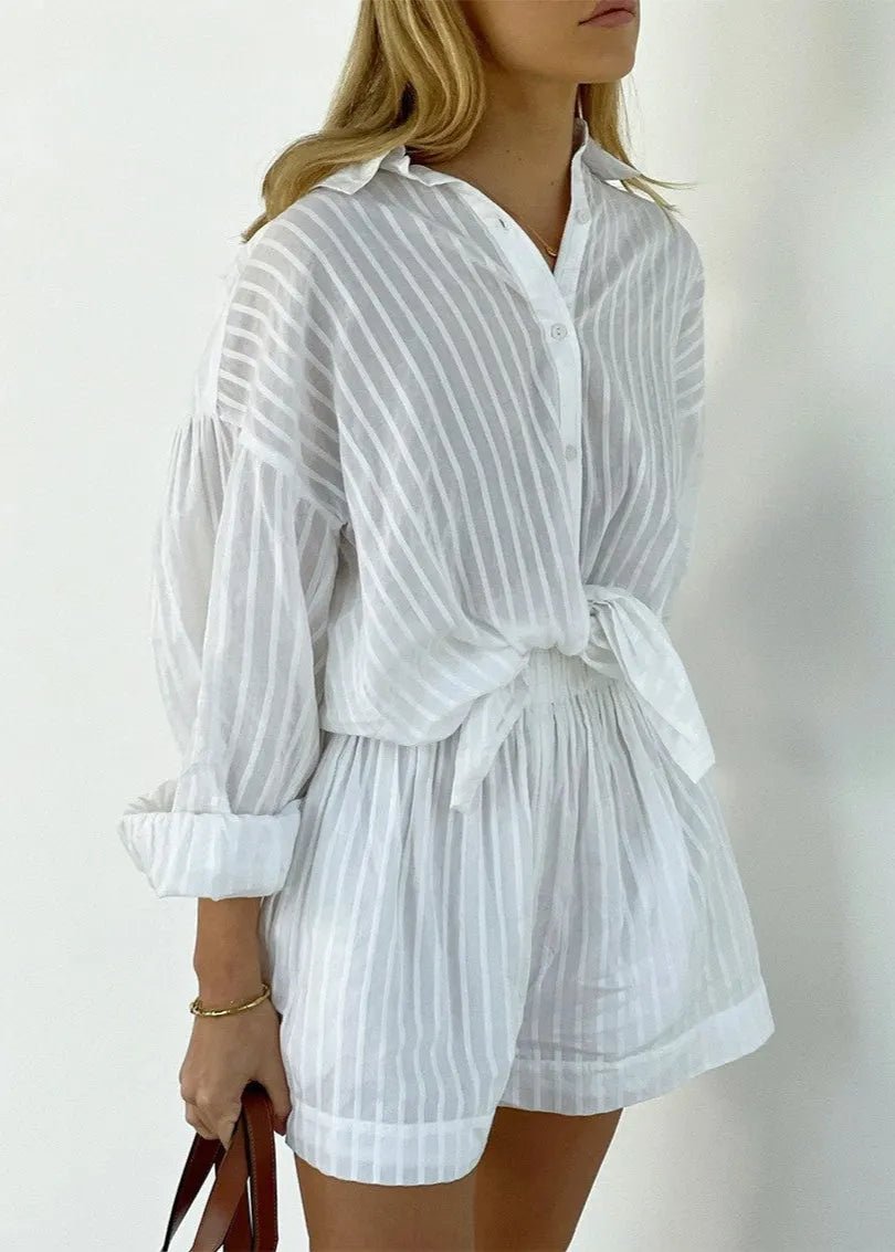 SOERA Bridget Striped Cotton Shirt and Shorts Set - Shorts -  M