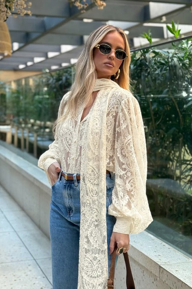 SOERA Dunja Sheer Lace Tie Blouse - Tops -  Beige M